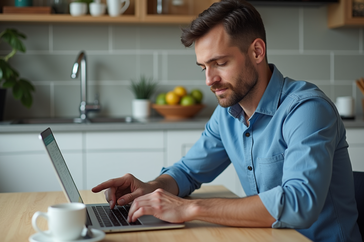 Homme d age moyen pointant une cellule Excel sur son laptop dans la cuisine