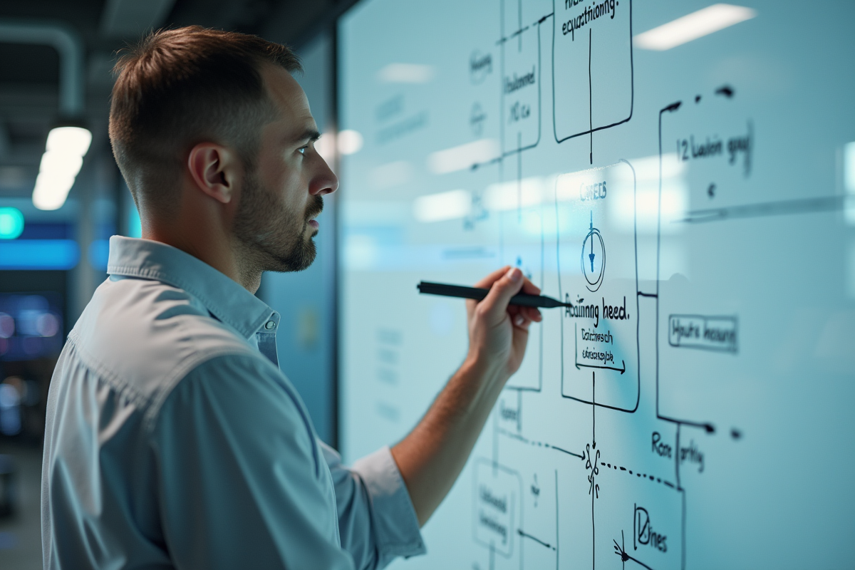 Homme esquissant un diagramme de decryption sur un tableau blanc
