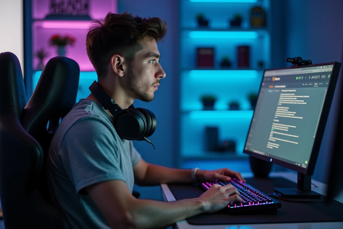 Homme avec un double écran sur Discord montrant des exemples de messages formatés en italique dans une configuration gaming