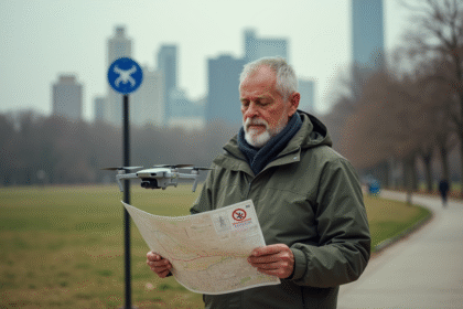 Homme avec drone et carte des zones interdites