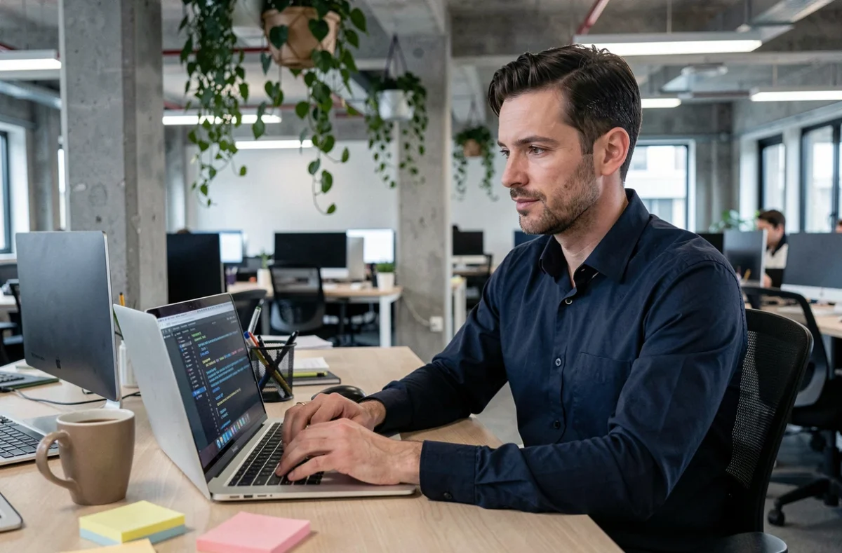 Homme utilisant un éditeur de texte avec compteur de caractères pour optimiser ses publications Instagram et Twitter