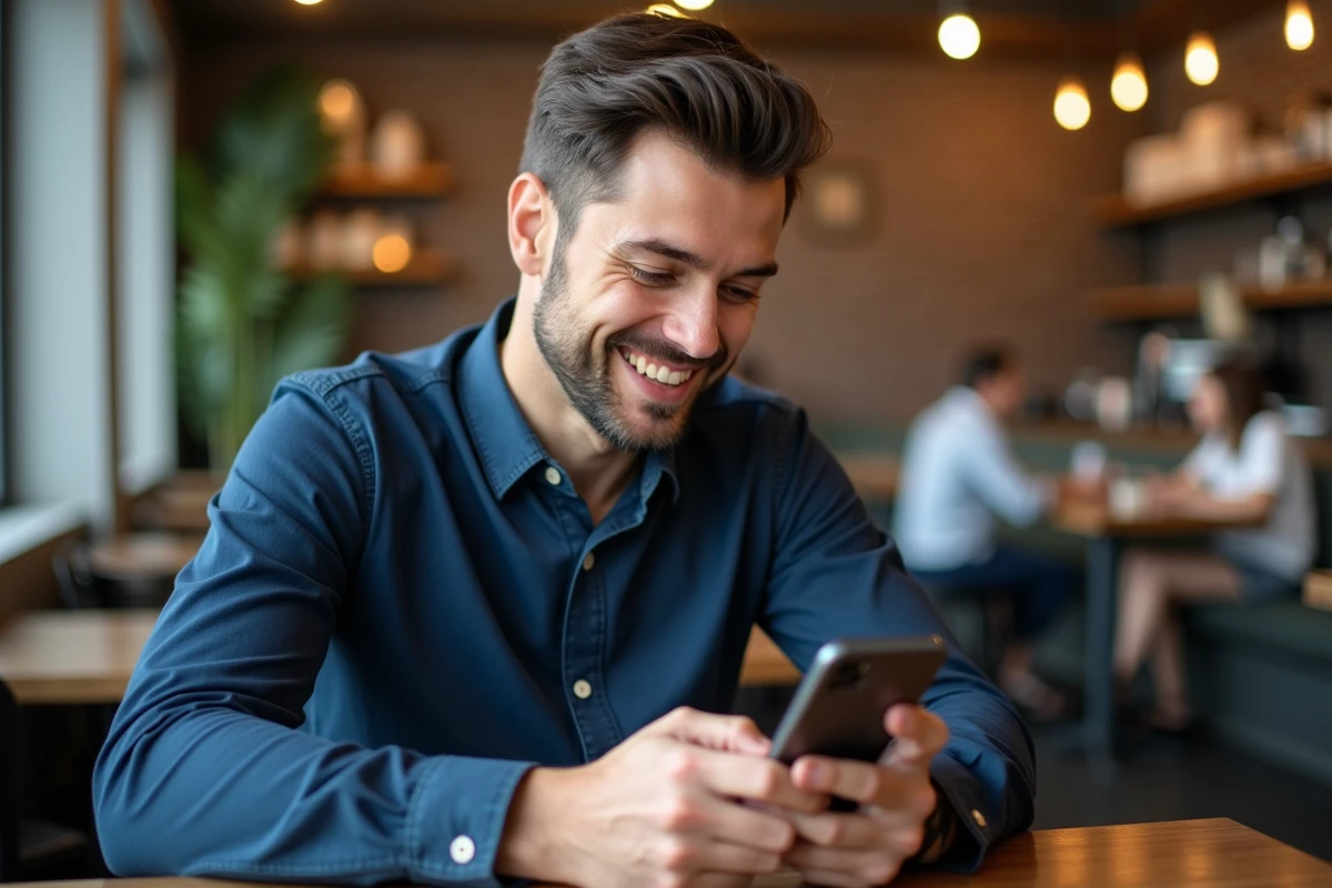 Homme utilisant une adresse email jetable sur smartphone dans un café pour se protéger des spams et newsletters