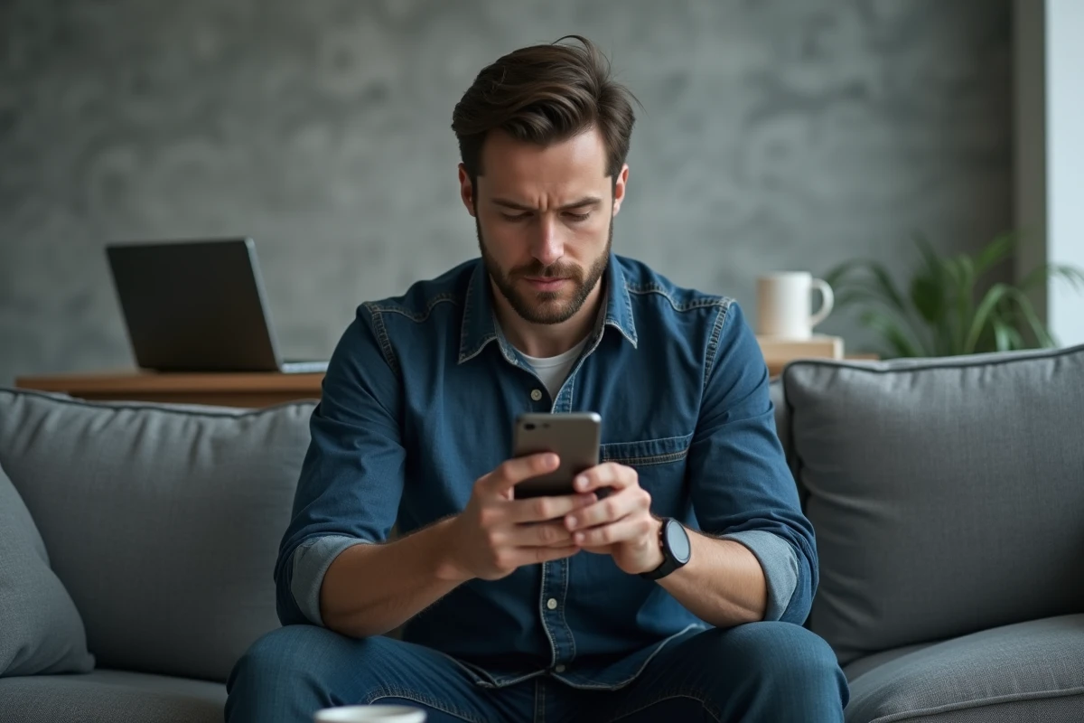 Homme consultant les options de formatage de texte sur WhatsApp depuis son canapé