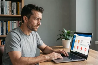 Homme en train de consulter les paramètres mal configurés de Windows Defender sur son ordinateur portable