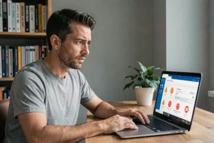 Homme en train de consulter les paramètres mal configurés de Windows Defender sur son ordinateur portable