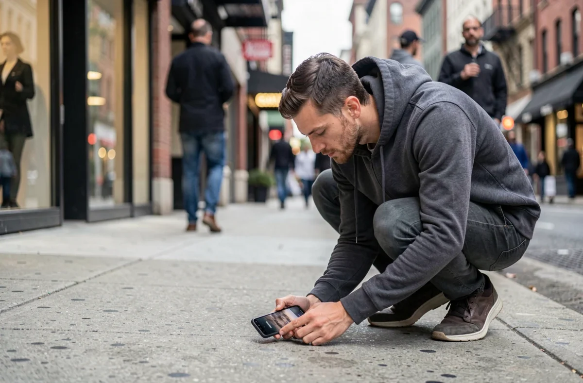 Homme en train de photographier une scène urbaine avec un smartphone Samsung Galaxy accroupi sur un trottoir
