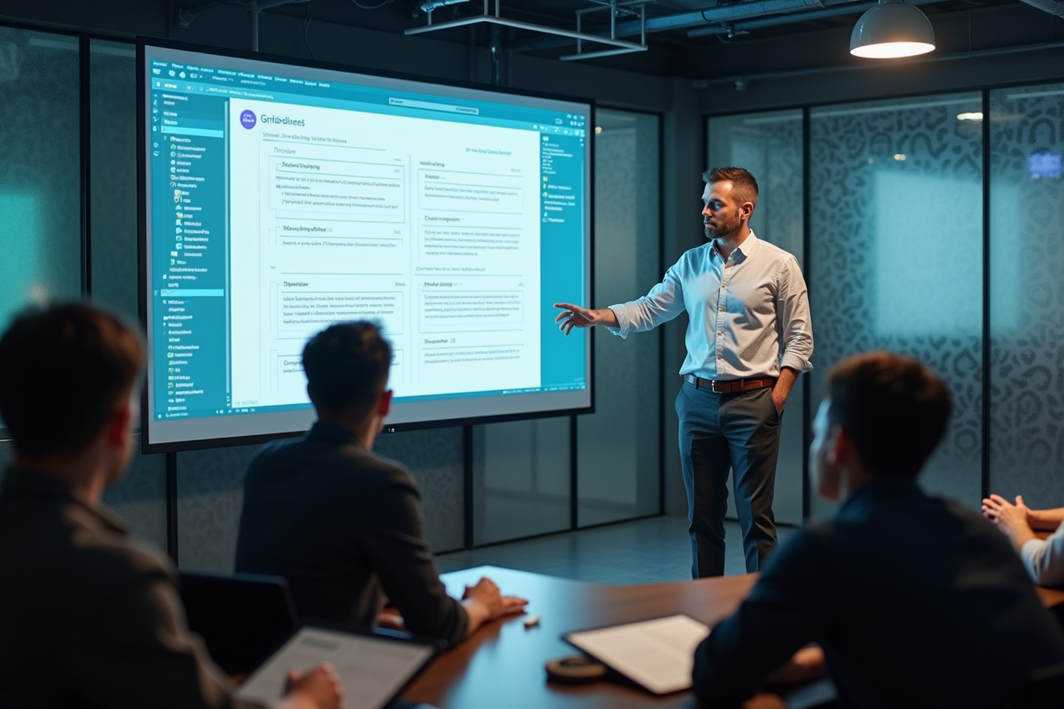 Homme présentant une mise en page CSS grid à un groupe dans un espace de travail moderne