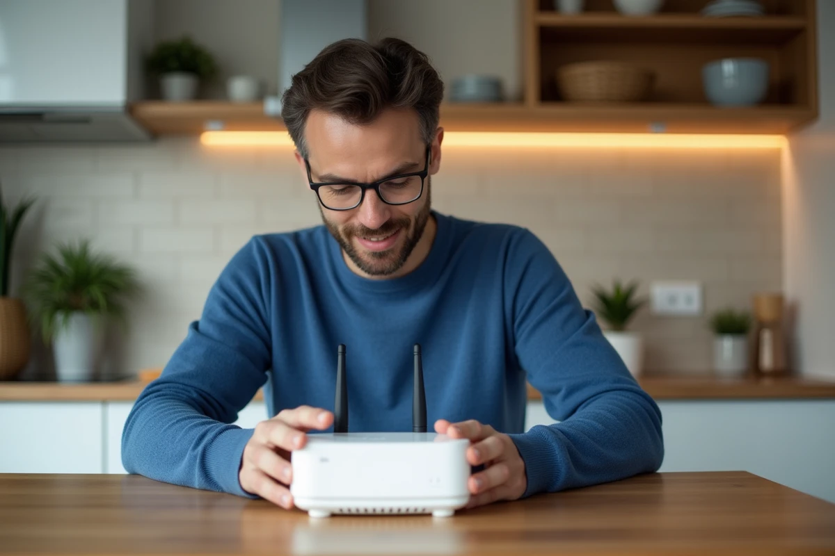 Homme examinant un routeur internet dans la cuisine