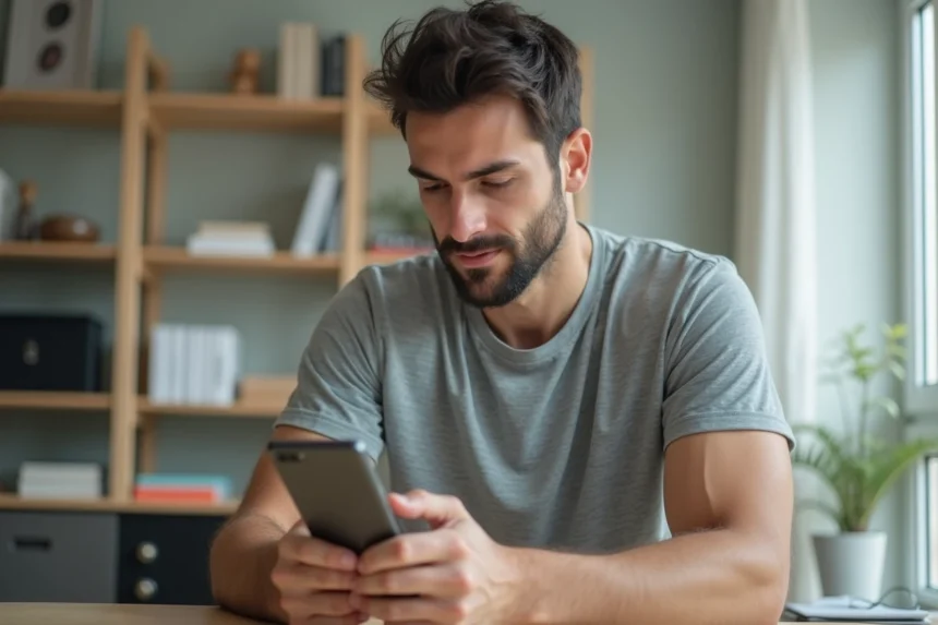 Homme tenant un Samsung Galaxy A51 dans un bureau moderne, comparant les caractéristiques du smartphone avant achat en 2026
