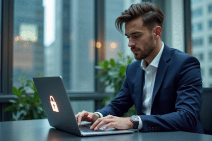 Jeune homme en costume travaillant sur un ordinateur avec cadenas digital
