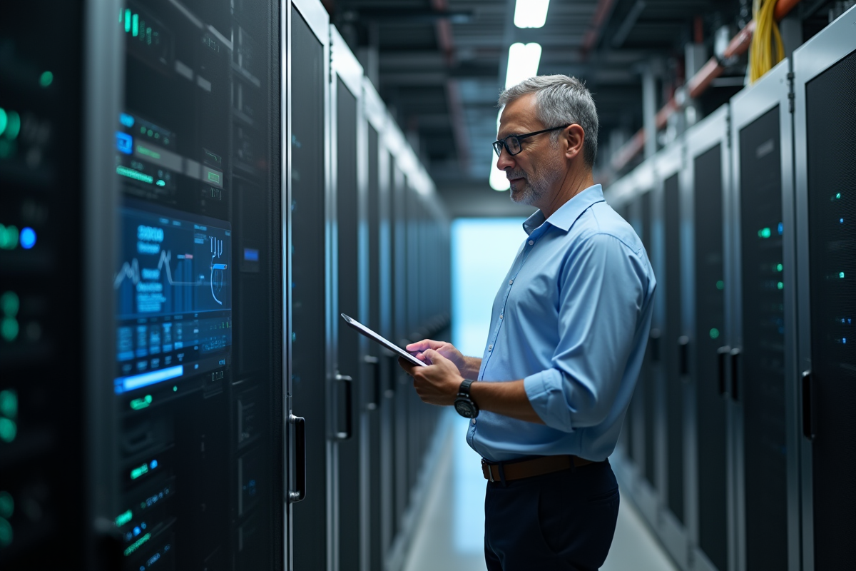 Homme dage dapproche securite informatique dans une salle serveurs