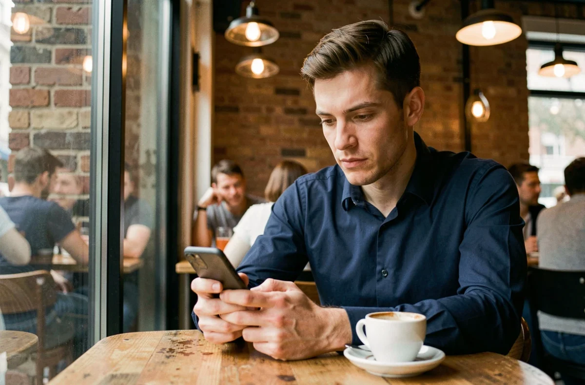 Homme consultant des stories Snapchat discrètement dans un café urbain avec un espresso