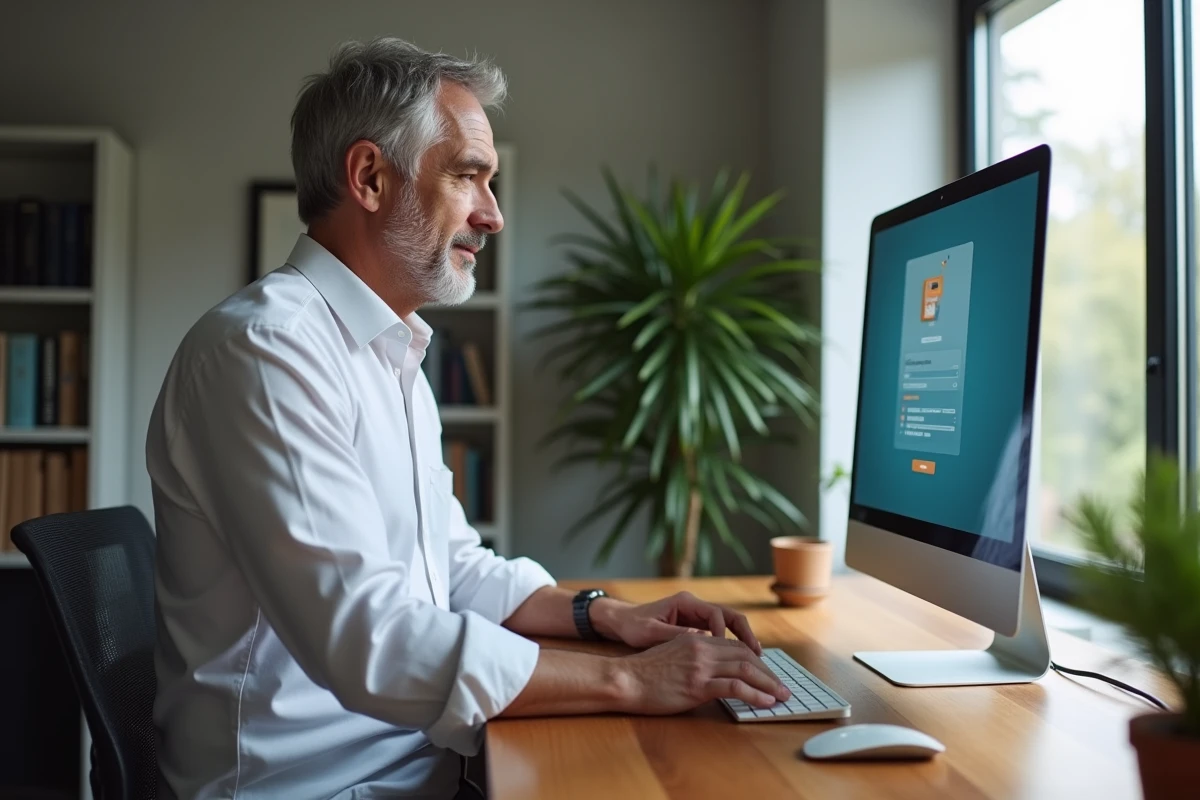 Homme en télétravail gérant la migration de ses emails professionnels webmail lors d'une mutation
