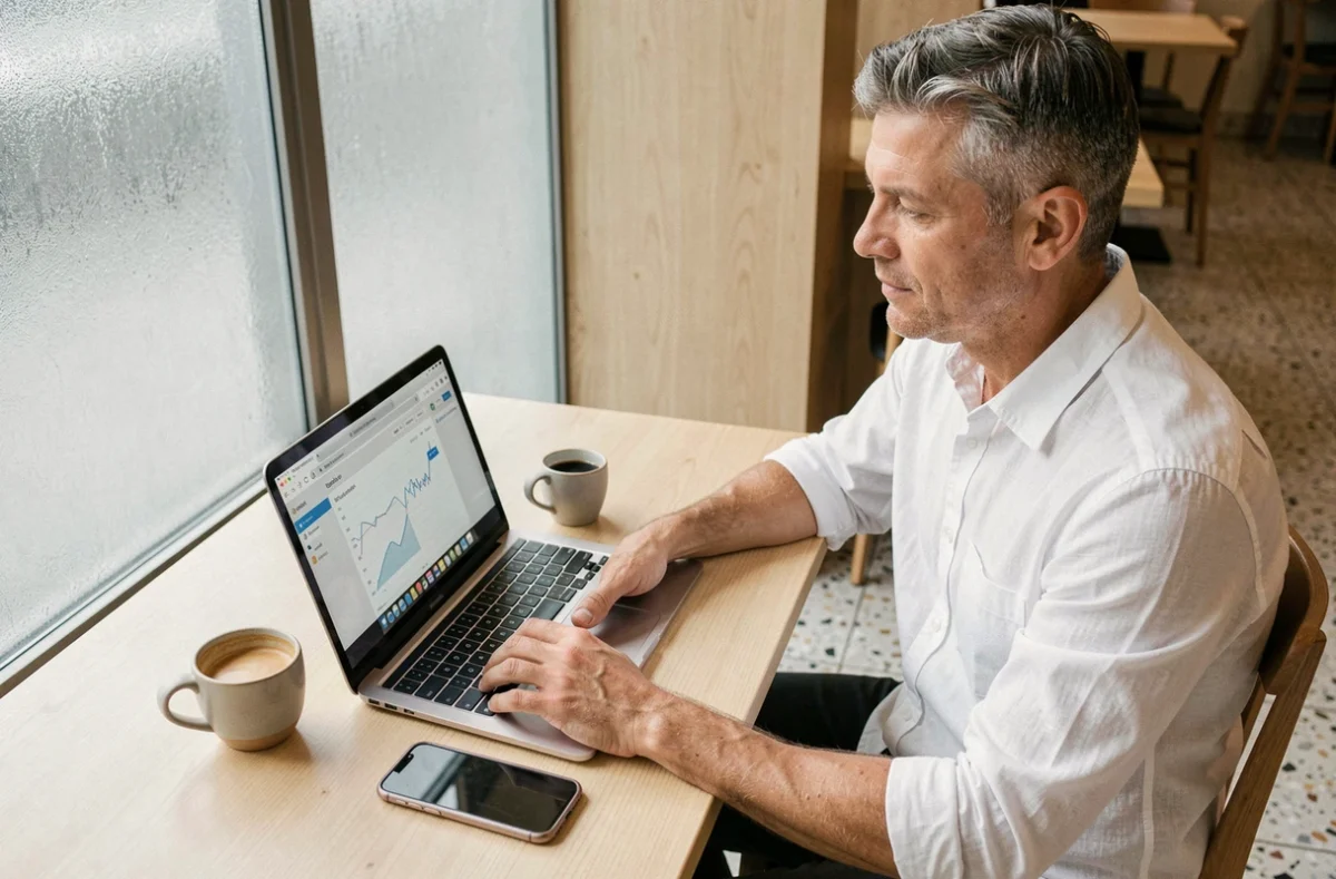Homme en télétravail consultant un outil de suivi de classement web depuis un café urbain avec un espresso