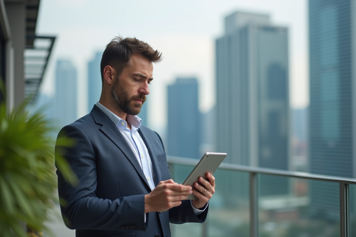 Homme d affaires regardant une campagne marketing sur une tablette en extérieur