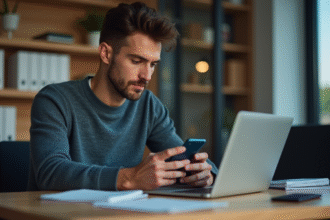 Homme concentré vérifiant un code d'authentification sur son smartphone