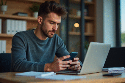 Homme concentré vérifiant un code d'authentification sur son smartphone