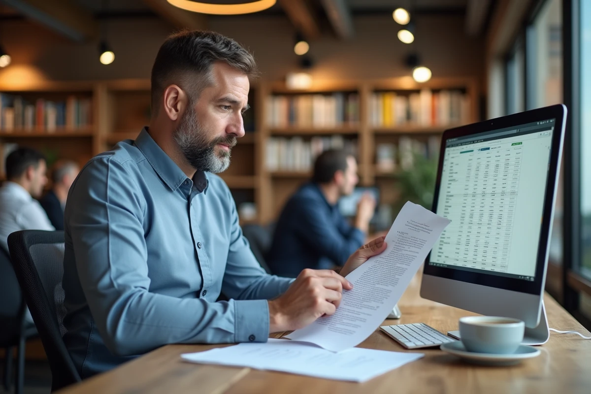 Homme examinant une feuille avec doublons dans un espace coworking