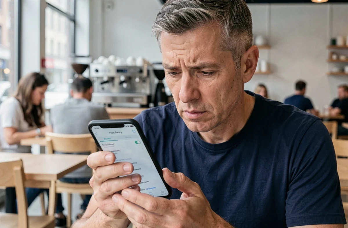 Homme vérifiant les paramètres de confidentialité de Google Mon Activité sur son smartphone dans un café