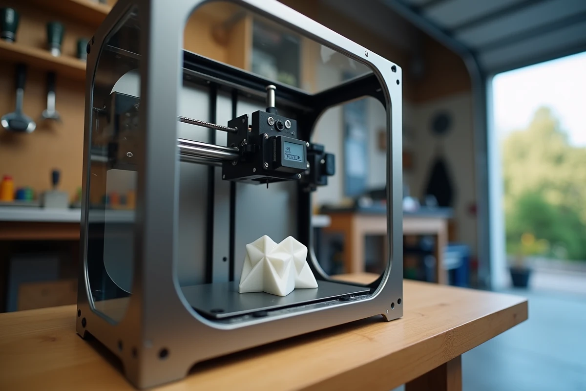 Gros plan d'une imprimante 3D FDM en cours d'impression d'un objet en plastique blanc dans un atelier de garage