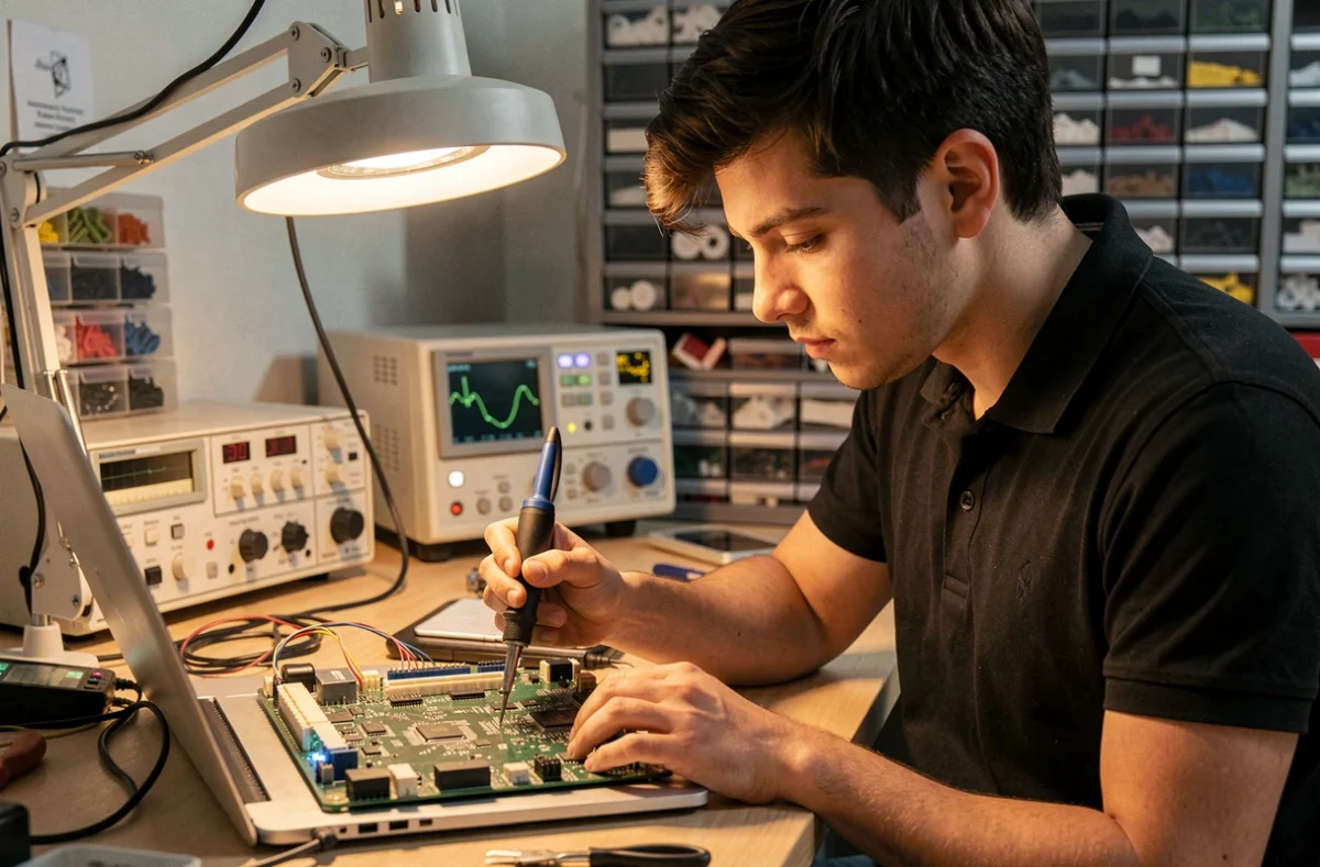 Technicien d'Infochip Informatique soudant une carte mère de laptop à son établi
