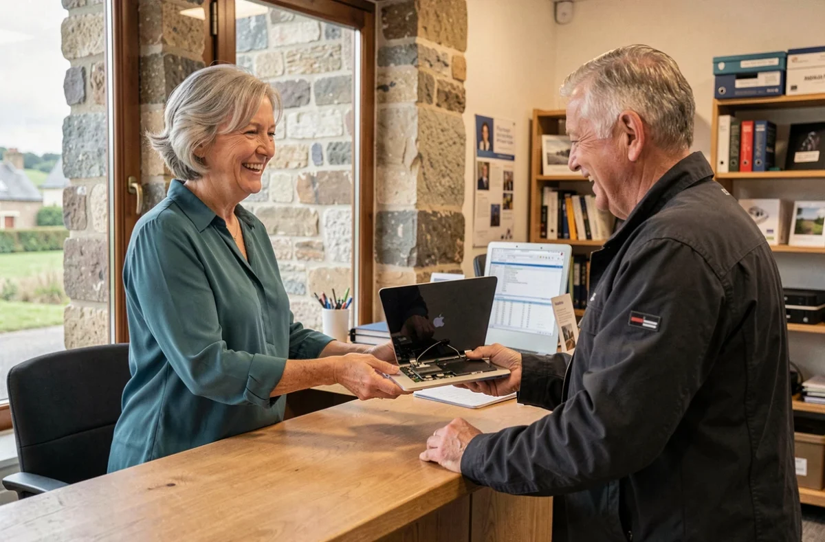 Technicienne remettant un MacBook réparé à un client dans la boutique Informatic Pour Tous à Malansac