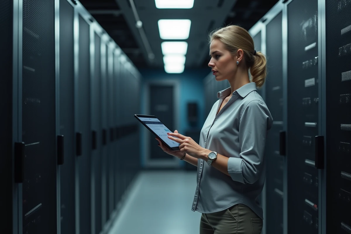 Ingenieure en hightech avec tablette dans une salle serveurs