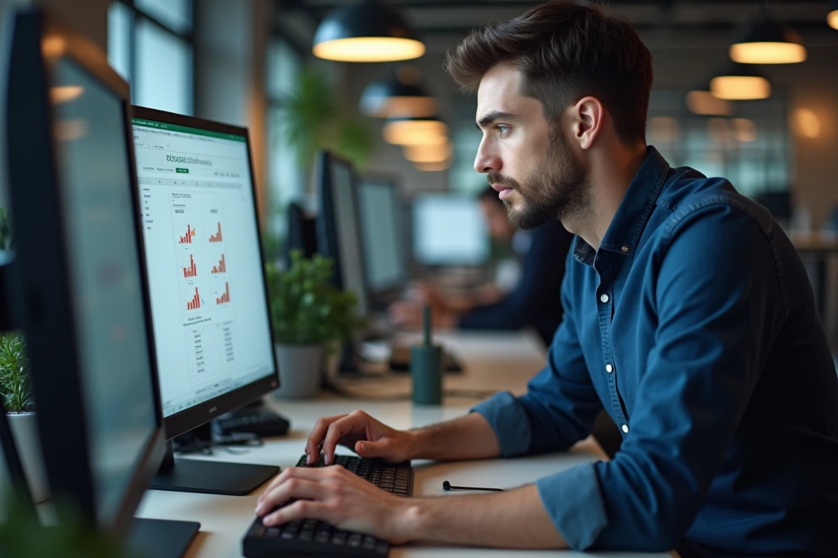 Homme en bureau professionnel insérant des flèches dans Google Sheets via le clavier