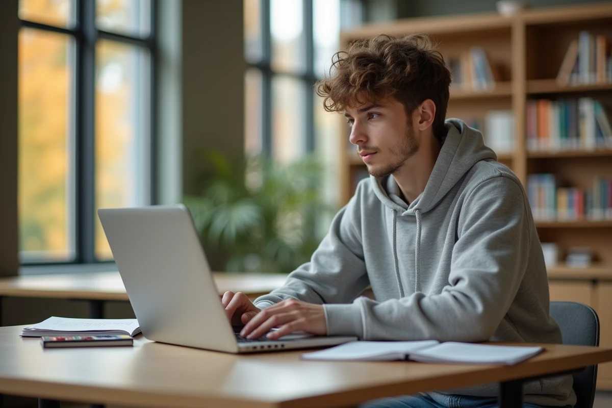 Jeune étudiant concentré sur son ordinateur dans une bibliothèque moderne