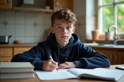 Adolescent en sweat bleu étudiant à la maison