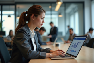 Jeune femme professionnelle concentrée sur ses graphiques numériques