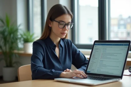 Jeune femme en bureau moderne travaillant sur son ordinateur