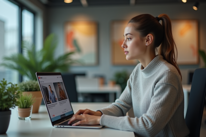 Jeune femme professionnelle regarde un écran YouTube en bureau