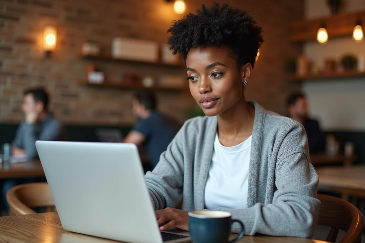 Jeune femme dans un café gérant la fermeture ou le transfert de son compte email professionnel webmail Rouen