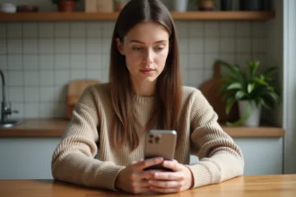 Jeune femme regardant Instagram Stories dans sa cuisine chaleureuse