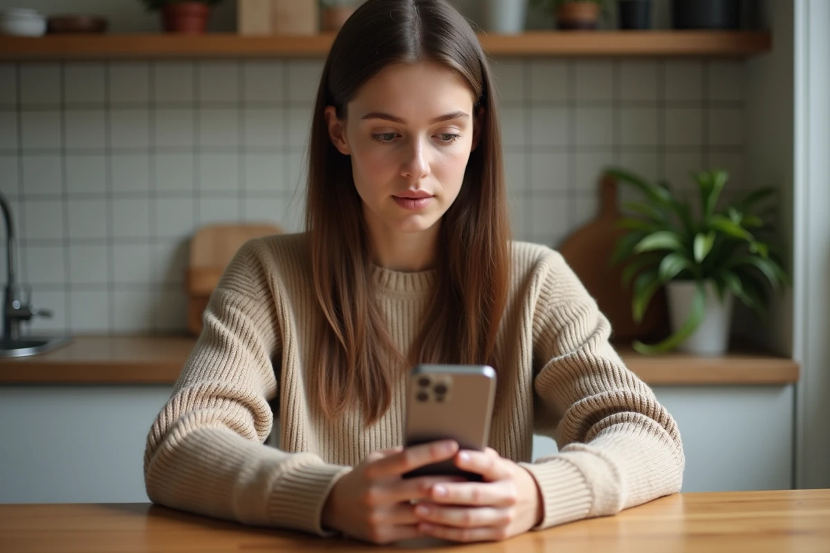 Jeune femme regardant Instagram Stories dans sa cuisine chaleureuse