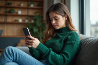 Jeune femme concentrée jouant sur son smartphone dans un salon cosy