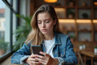 Jeune femme avec smartphone dans un café moderne