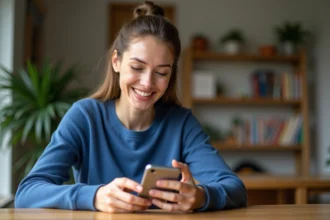 Jeune femme utilisant un smartphone dans un intérieur chaleureux