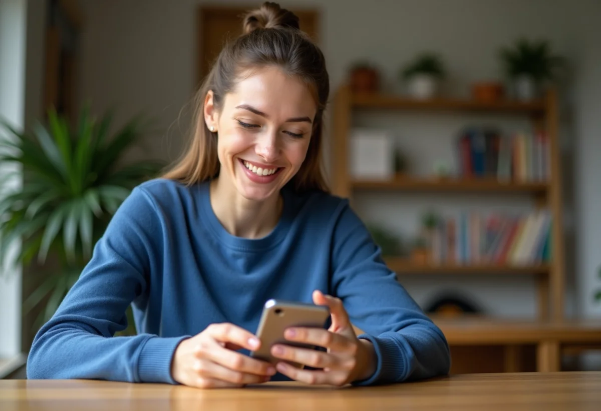 Jeune femme utilisant un smartphone dans un intérieur chaleureux