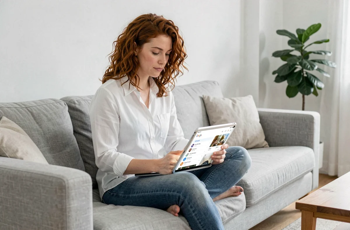 Jeune femme consultant son tableau de bord Google Mon Activité sur une tablette dans son salon