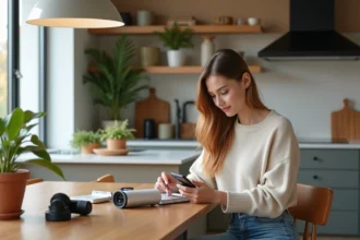 Jeune femme découvrant des gadgets dans une cuisine moderne