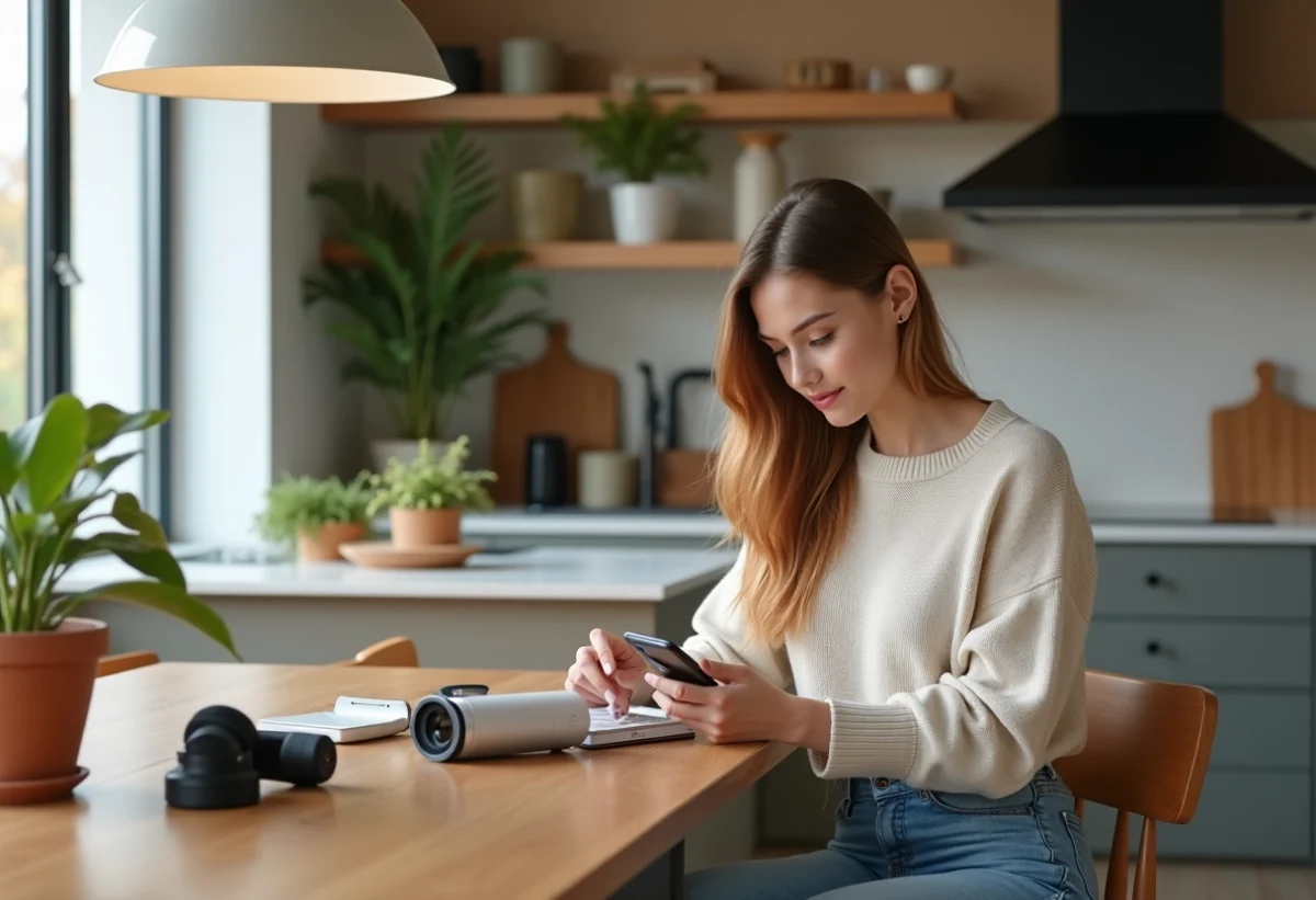 Jeune femme découvrant des gadgets dans une cuisine moderne