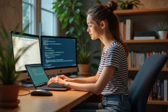 Jeune femme en jeans et tshirt à rayures travaillant sur son ordinateur dans un bureau cosy