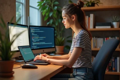 Jeune femme en jeans et tshirt à rayures travaillant sur son ordinateur dans un bureau cosy