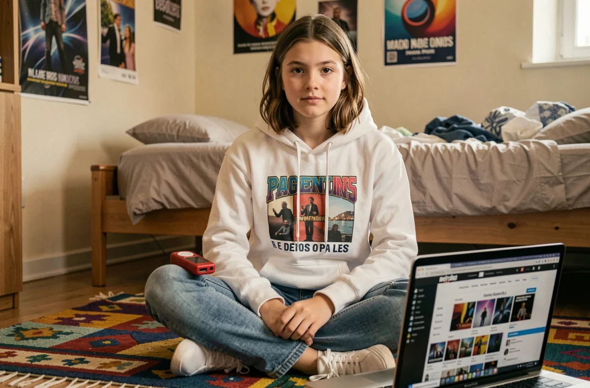 Jeune fille téléchargeant de la musique sur un lecteur MP3 depuis un site web sur son ordinateur portable dans sa chambre
