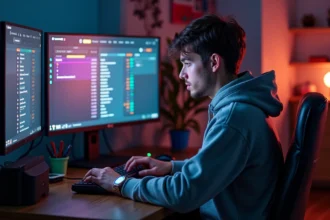 Jeune homme concentré devant son ordinateur en mode gaming