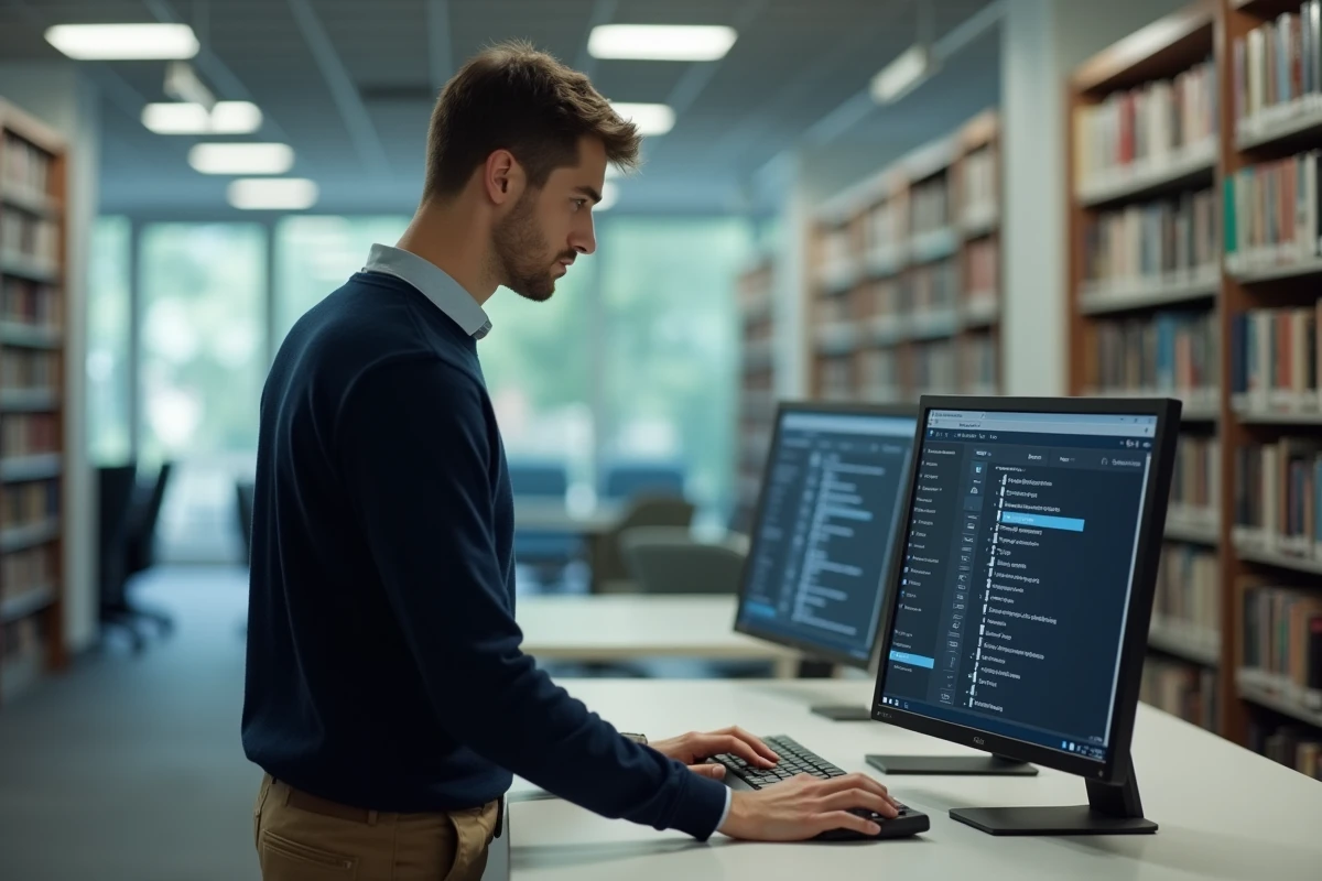 Jeune homme vérifiant ses paramètres de confidentialité à la bibliothèque