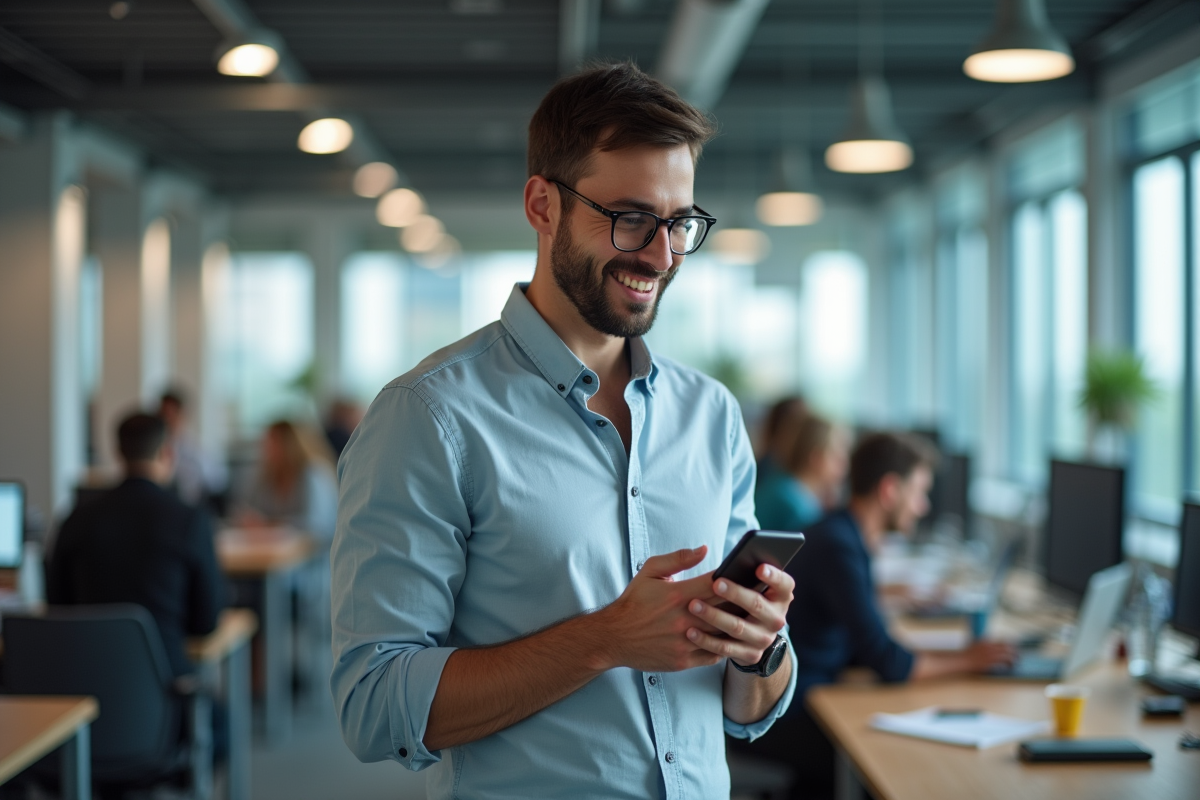 Jeune homme en tenue décontractée vérifiant ses emails au bureau