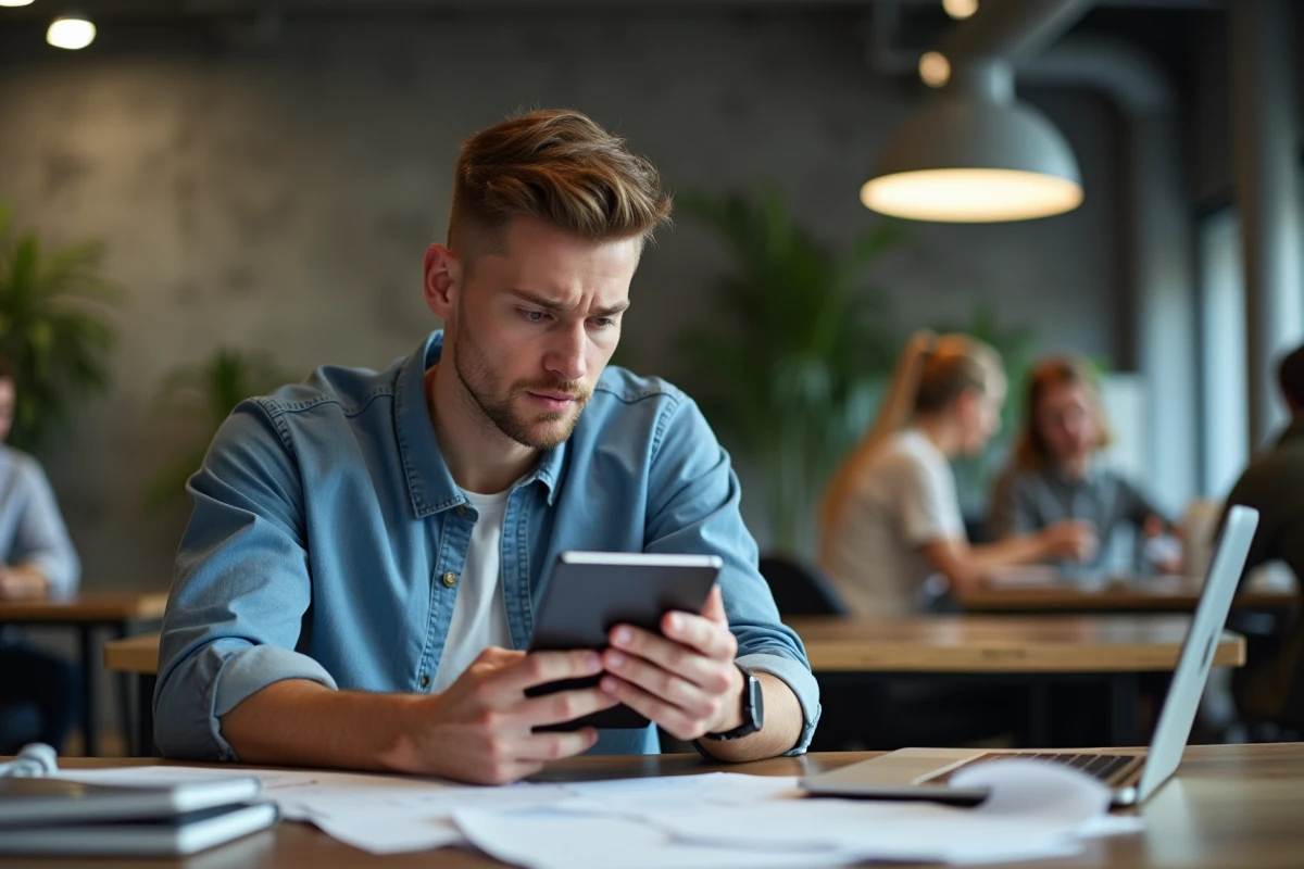 Jeune homme au coworking regardant son smartphone anxieusement